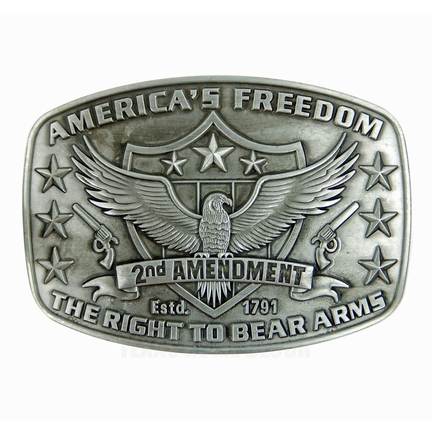 America's Freedom Belt Buckle 2nd Amendment Antique Silver Eagle Shield Stars