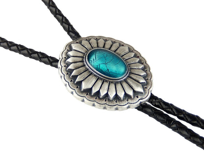 Southwestern Turquoise Bolo Tie Real Silver Plated 38" Adjustable Leather Cord