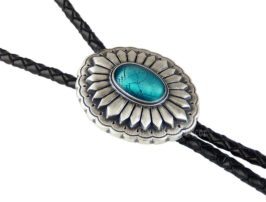 Southwestern Turquoise Bolo Tie Real Silver Plated 38" Adjustable Leather Cord