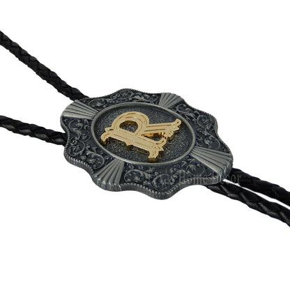 Initial Letter "R" Bolo Tie Western 38" Genuine Leather Cord Detailed Tips