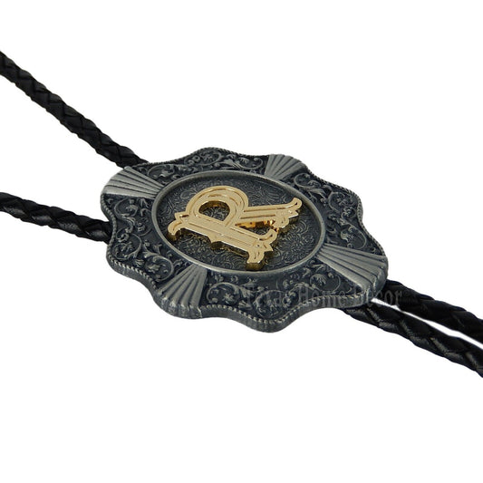 Initial Letter "R" Bolo Tie Western 38" Genuine Leather Cord Detailed Tips