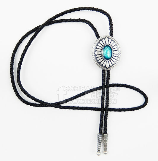 Southwestern Turquoise Bolo Tie Real Silver Plated 38" Adjustable Leather Cord