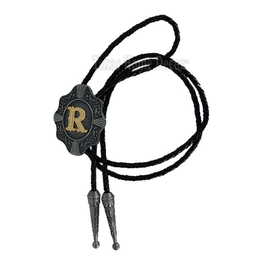 Initial Letter "R" Bolo Tie Western 38" Genuine Leather Cord Detailed Tips
