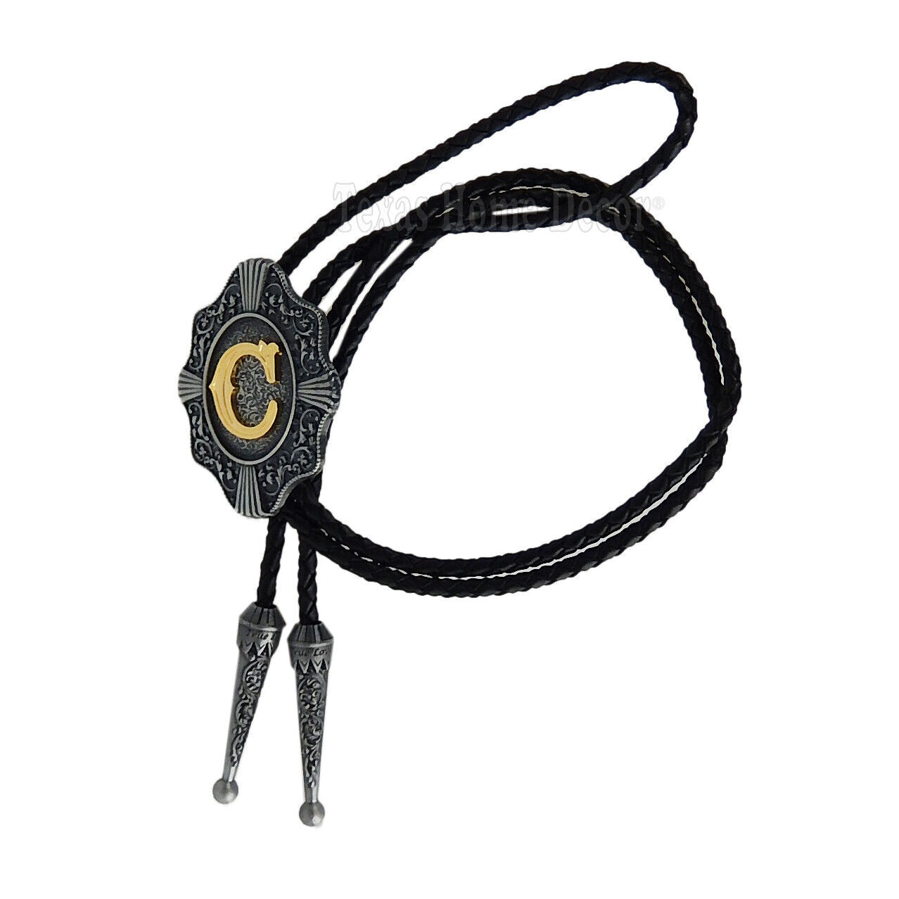 Initial Letter "C" Bolo Tie Western 38" Genuine  Leather Cord Detailed Tips