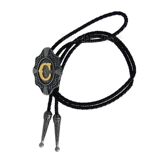 Initial Letter "C" Bolo Tie Western 38" Genuine  Leather Cord Detailed Tips