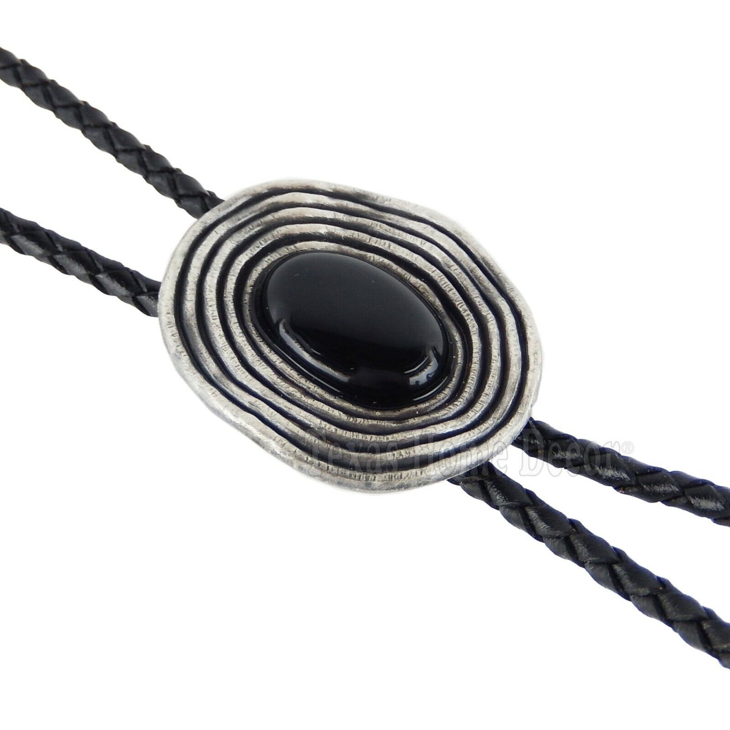 Black Obsidian Stone Bolo Tie Antique Silver Plated 38" Adjustable Leather Cord