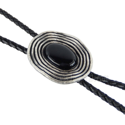 Black Obsidian Stone Bolo Tie Antique Silver Plated 38" Adjustable Leather Cord