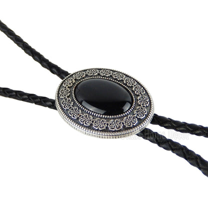 Black Obsidian Stone Bolo Tie Real Silver Plated 38" Adjustable Leather Cord