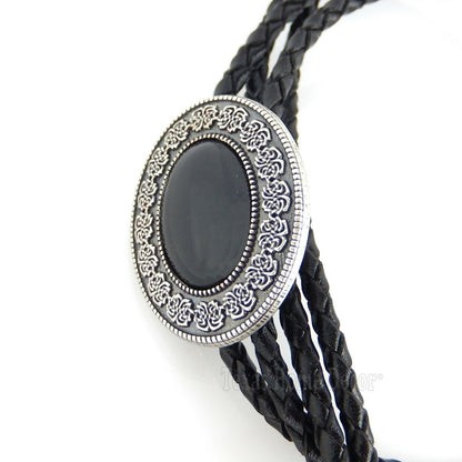 Black Obsidian Stone Bolo Tie Real Silver Plated 38" Adjustable Leather Cord