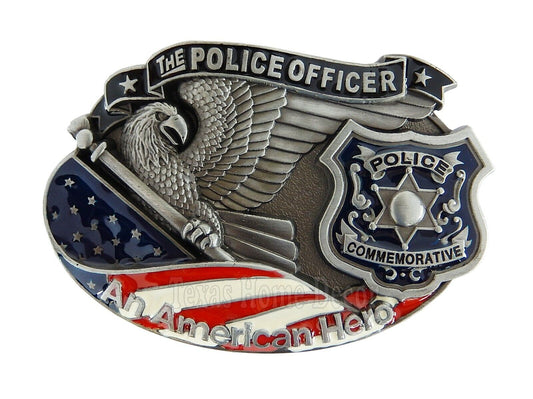 Police Officer Hero Belt Buckle Silver Tone Fits 1.5" Belts Enamel U.S. Flag