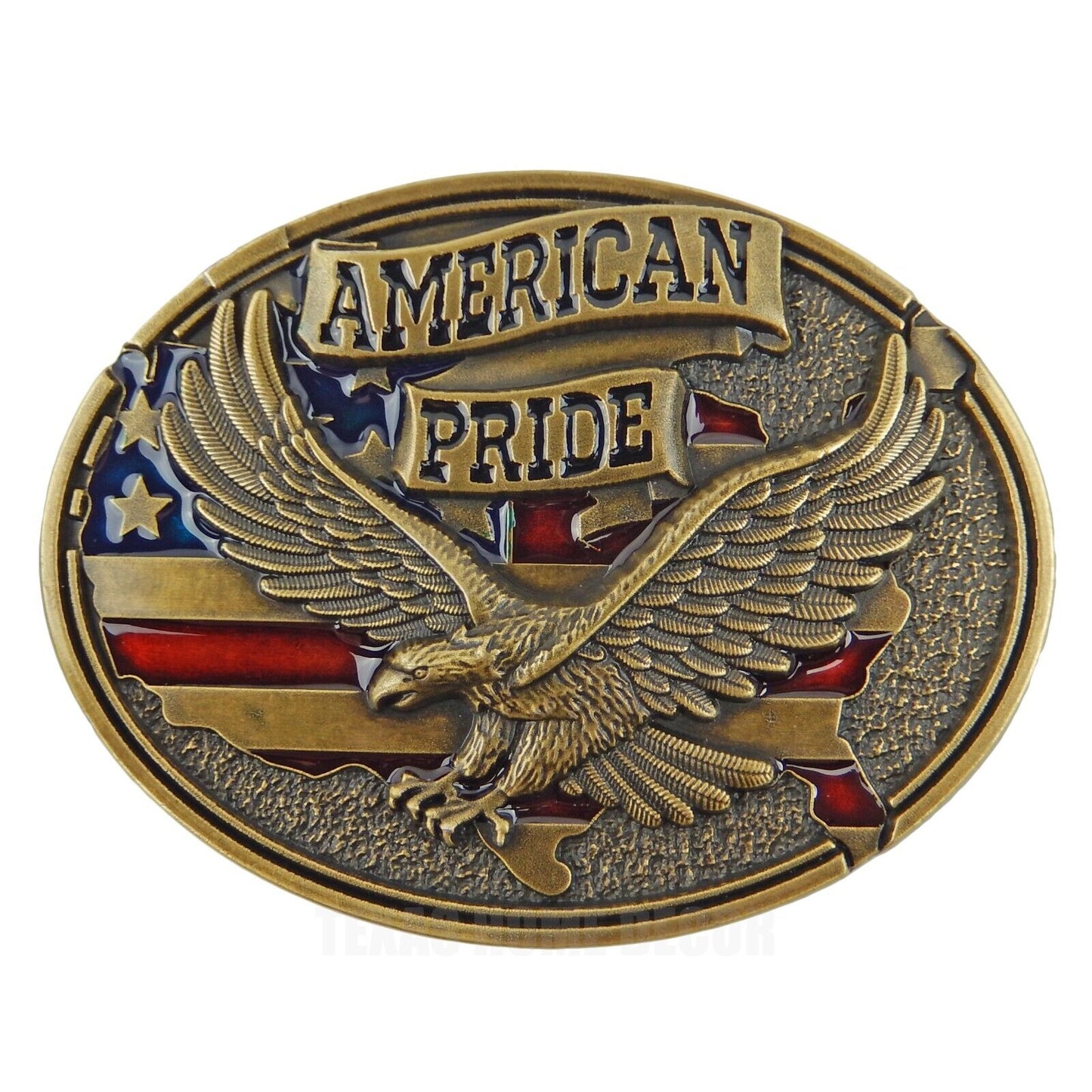 American Pride Flag Eagle Belt Buckle Bronze Plated Enamel Color Fits 1.5" Belts