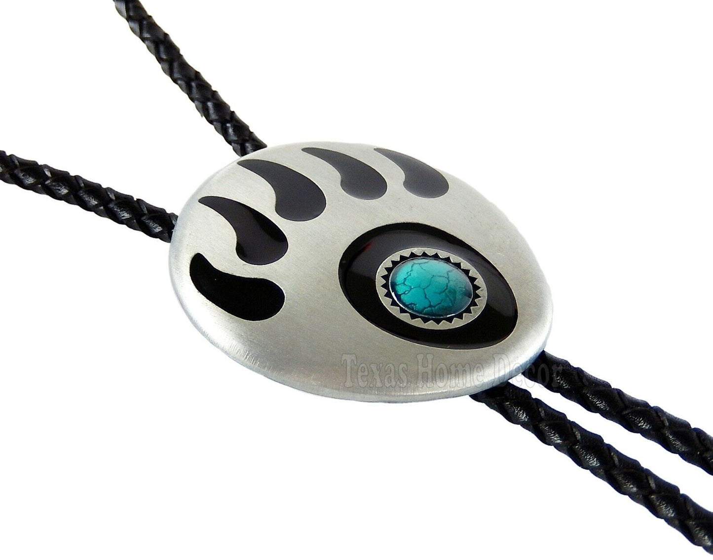Bear Claw Paw Bolo Tie Genuine Leather Cord Silver Tone Turquoise Enamel 38" Adjustable