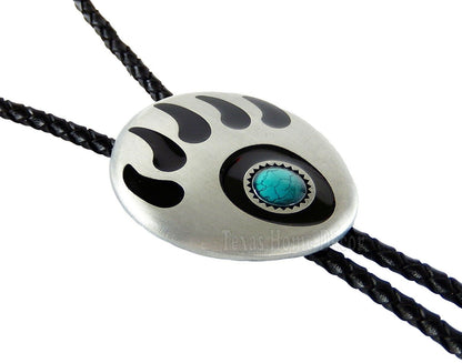 Bear Claw Paw Bolo Tie Genuine Leather Cord Silver Tone Turquoise Enamel 38" Adjustable
