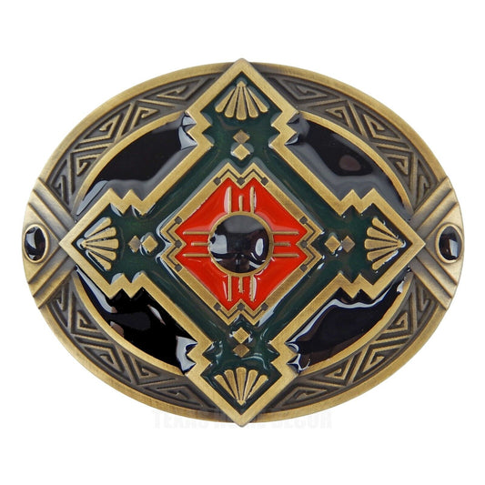 Aztec Southwestern Belt Buckle Bronze Plated Enamel Color Inlay Fits 1.5" Belts