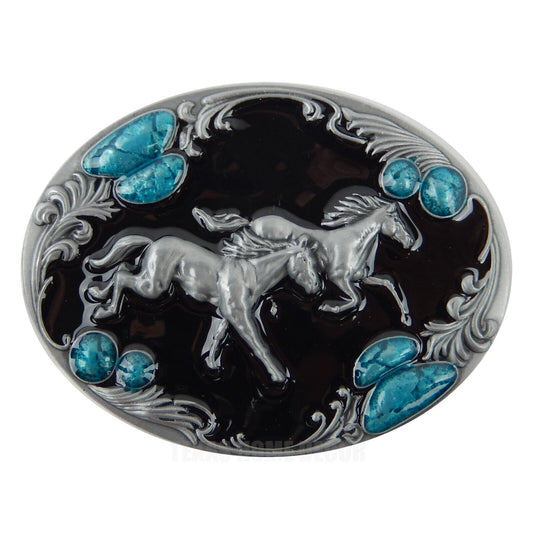 Running Horses Belt Buckle Antique Silver Glossy Turquoise Enamel Fits 1.5" Belt