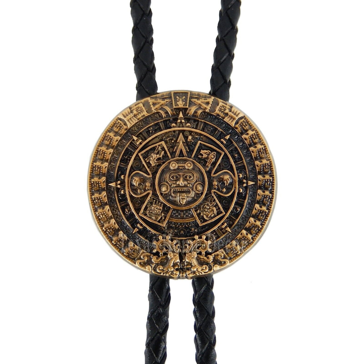 Aztec Calendar Bolo Tie Real Gold Plated 38 inch Braided Leather Cord