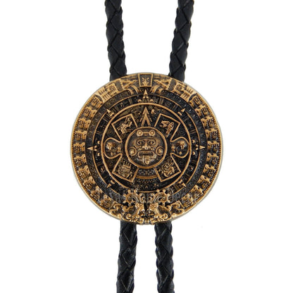 Aztec Calendar Bolo Tie Real Gold Plated 38 inch Braided Leather Cord