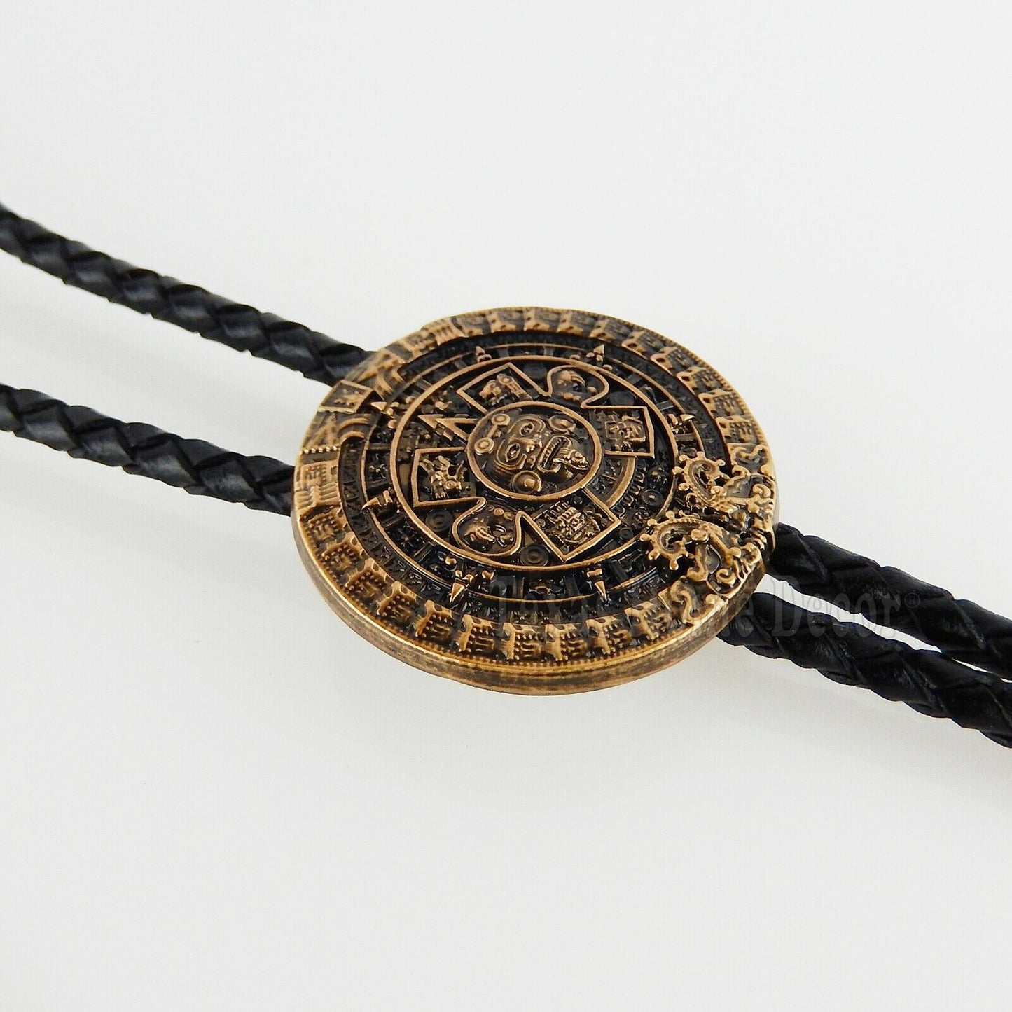 Aztec Calendar Bolo Tie Real Gold Plated 38 inch Braided Leather Cord