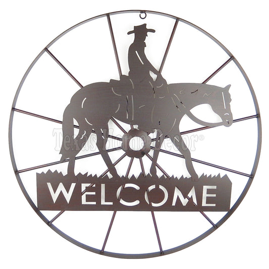 24" Western Metal Welcome Cowboy Riding Horse Wagon Wheel Wall Plaque Sign