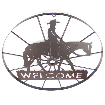 24" Western Metal Welcome Cowboy Riding Horse Wagon Wheel Wall Plaque Sign