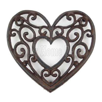 Heart Shaped Trivet Cast Iron Rustic Antique Style Hot Pot Plate Holder Scrolls