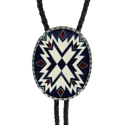 Southwestern Bolo Tie Aztec Geometric 38" Adjustable Leather Cord Enamel Inlay