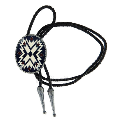 Southwestern Bolo Tie Aztec Geometric 38" Adjustable Leather Cord Enamel Inlay
