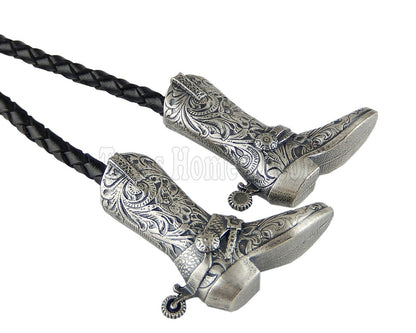 Saddle Bolo Tie Boots Horseshoe Real Silver Plated 38" Leather Cord Western