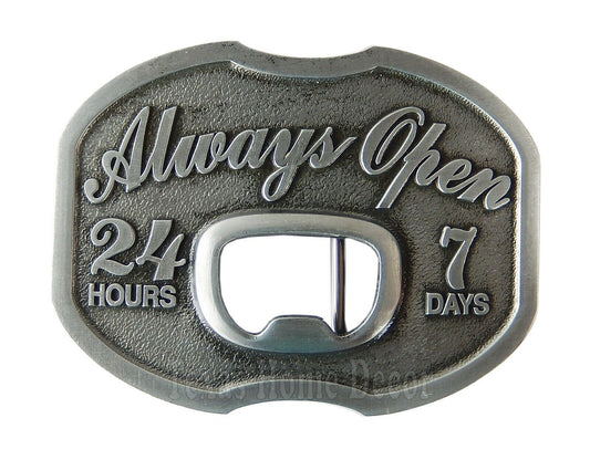 Men's Belt Buckle Bottle Opener Always Open Antique Silver Tone Fits 1.5" Belts