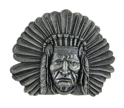 Native Chief Belt Buckle Antique Silver Tone Fits 1.5" Belts Indian Feathers