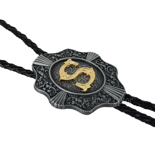 Initial Letter "S" Bolo Tie Western 38" Braided Leather Cord Detailed Tips