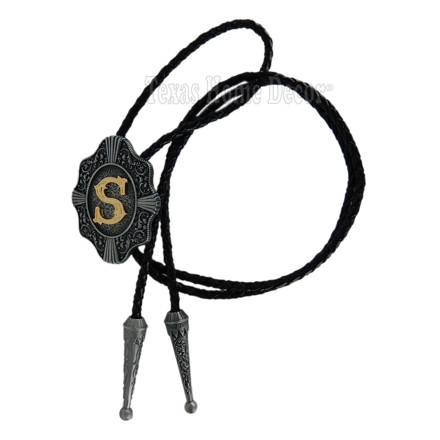 Initial Letter "S" Bolo Tie Western 38" Braided Leather Cord Detailed Tips