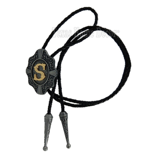 Initial Letter "S" Bolo Tie Western 38" Braided Leather Cord Detailed Tips