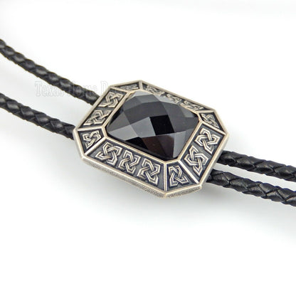 Black Agate Stone Celtic Bolo Tie Real Silver Plated 38" Genuine Leather Cord