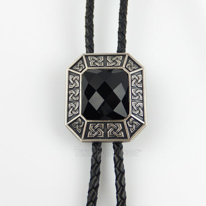 Black Agate Stone Celtic Bolo Tie Real Silver Plated 38" Genuine Leather Cord