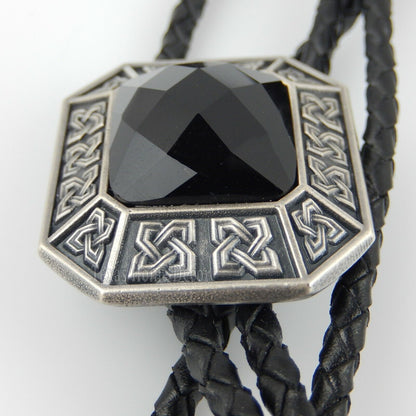 Black Agate Stone Celtic Bolo Tie Real Silver Plated 38" Genuine Leather Cord