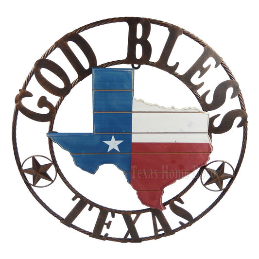 26" Metal God Bless Texas Barn Star Wooden Map Flag Center