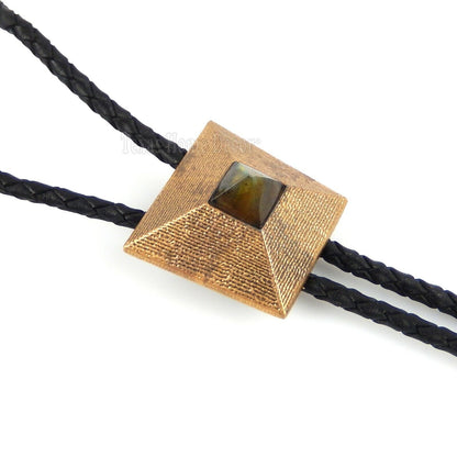 Pyramid Labradorite Stone Bolo Tie Real Gold Plated 38" Adjustable Leather Cord