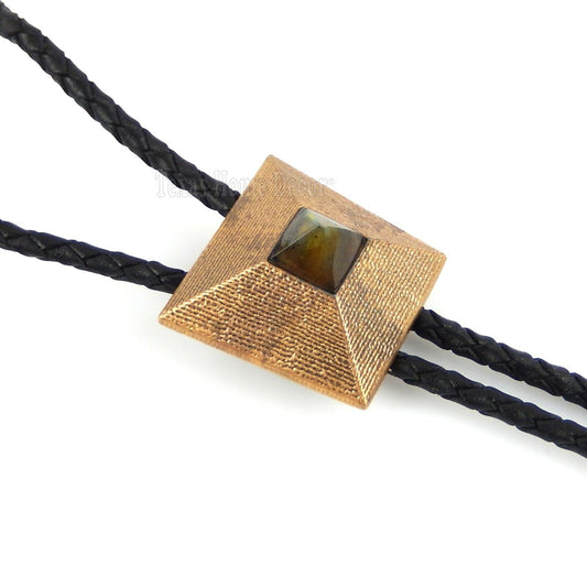 Pyramid Labradorite Stone Bolo Tie Real Gold Plated 38" Adjustable Leather Cord