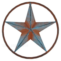 Metal Barn Star Circle Wall Decor Rust Brown Turquoise Finish 16 inch