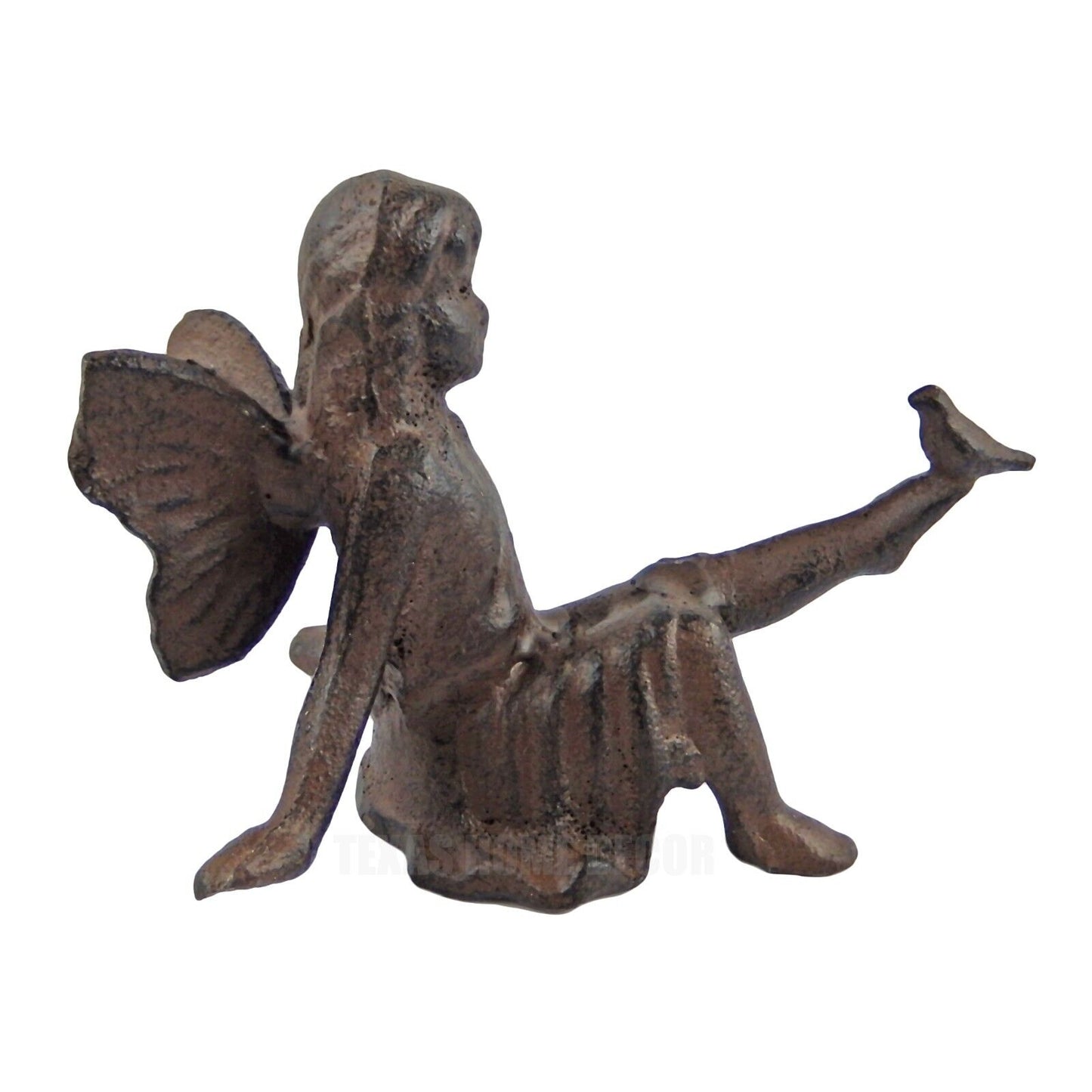 Fairy Figurine with Bird Sitting Angel Cherub Garden Statue Rustic Cast Iron