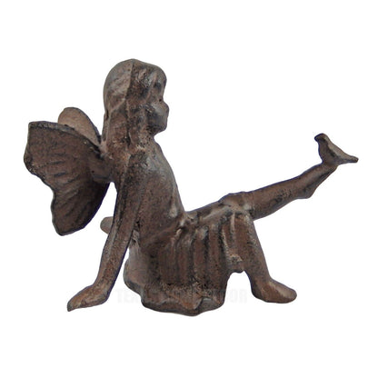 Fairy Figurine with Bird Sitting Angel Cherub Garden Statue Rustic Cast Iron