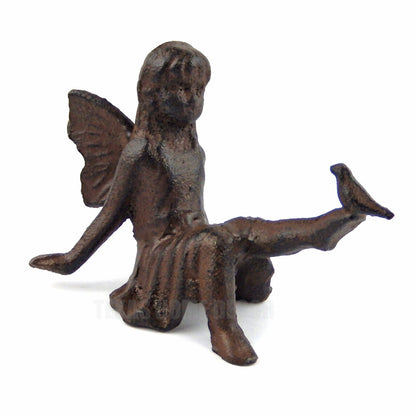 Fairy Figurine with Bird Sitting Angel Cherub Garden Statue Rustic Cast Iron