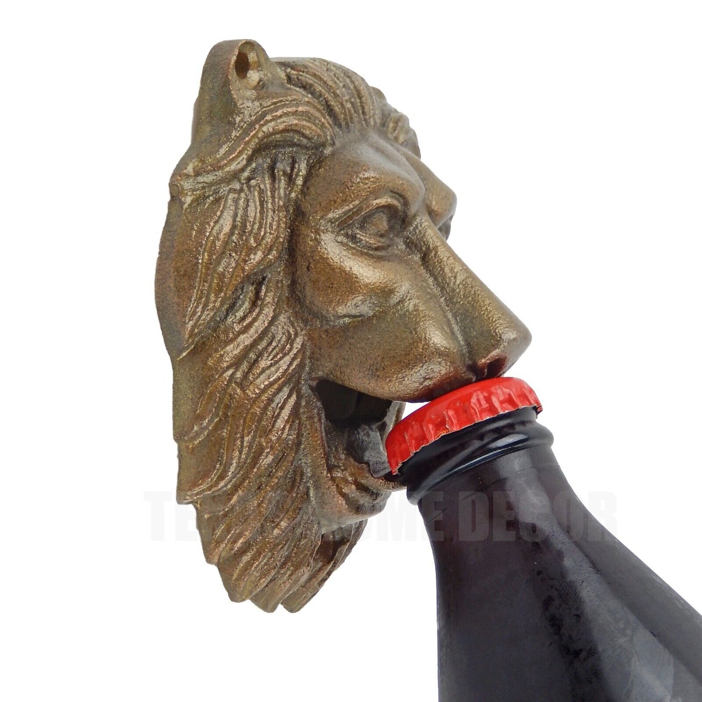 Lion Head Wall Mounted Beer Bottle Opener Heavy Duty Cast Iron Bronze Finish 4"