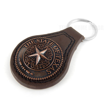 Brown Leather Keychain Copper The State of Texas Star Seal Concho