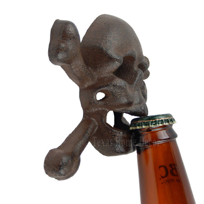 Skull Crossbones Beer Bottle Opener Cast Iron Biker Rocker Decor Wall Mounted