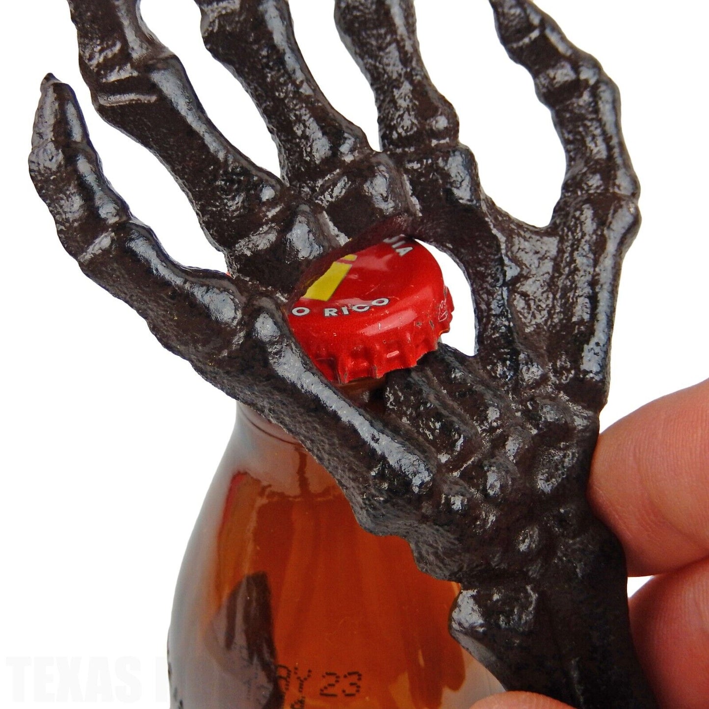 Cast Iron Skeleton Hand Beer Bottle Opener Antique Brown Rustic Finish Hand Held
