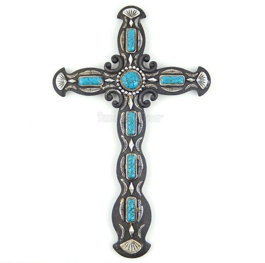 Western Turquoise Decorative Wall Cross Silver Accents Hand Painted Polyresin