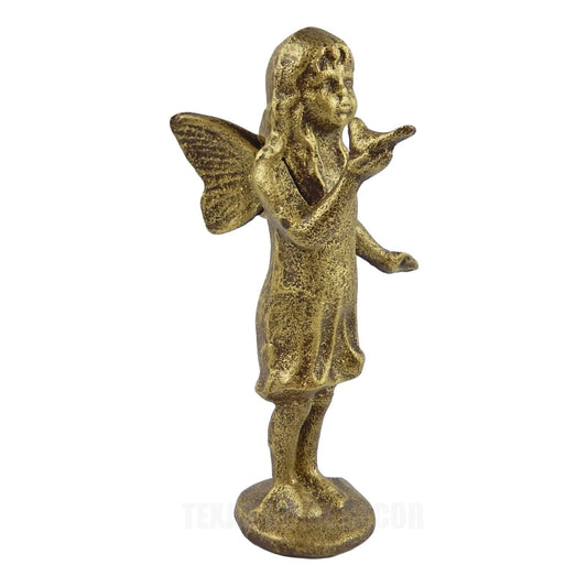 Cast Iron Standing Fairy Angel Figurine Statue Bird in Hand Antique Rustic Gold