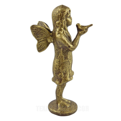 Cast Iron Standing Fairy Angel Figurine Statue Bird in Hand Antique Rustic Gold